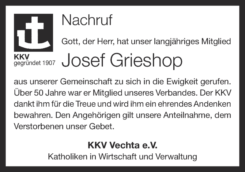  Traueranzeige für Josef Grieshop vom 29.01.2013 aus OM-Medien